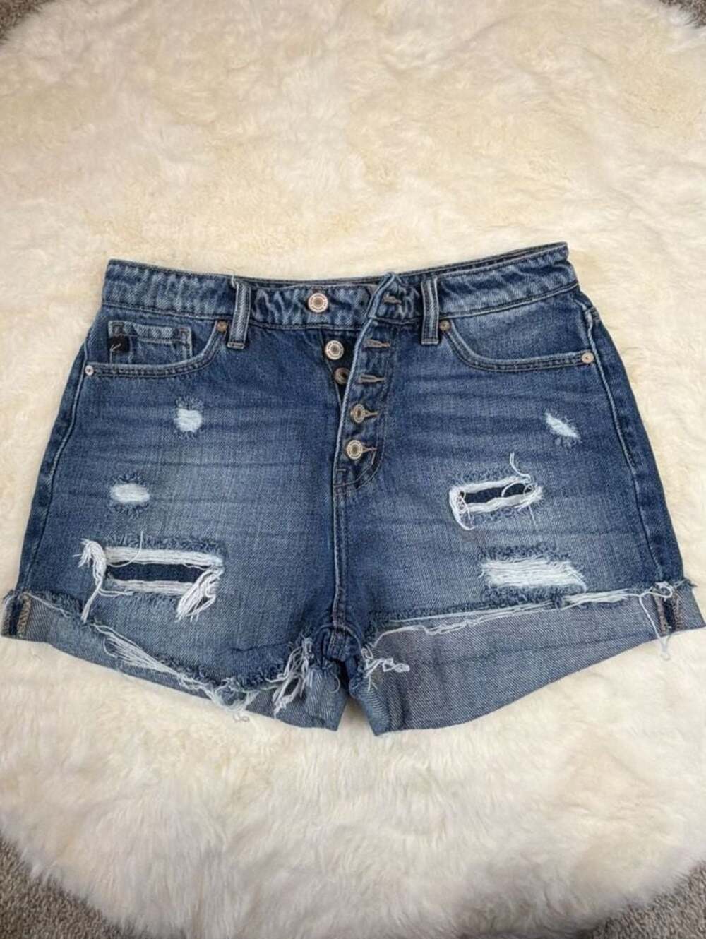 KanCan High Rise Distressed Button Fly Denim Shorts